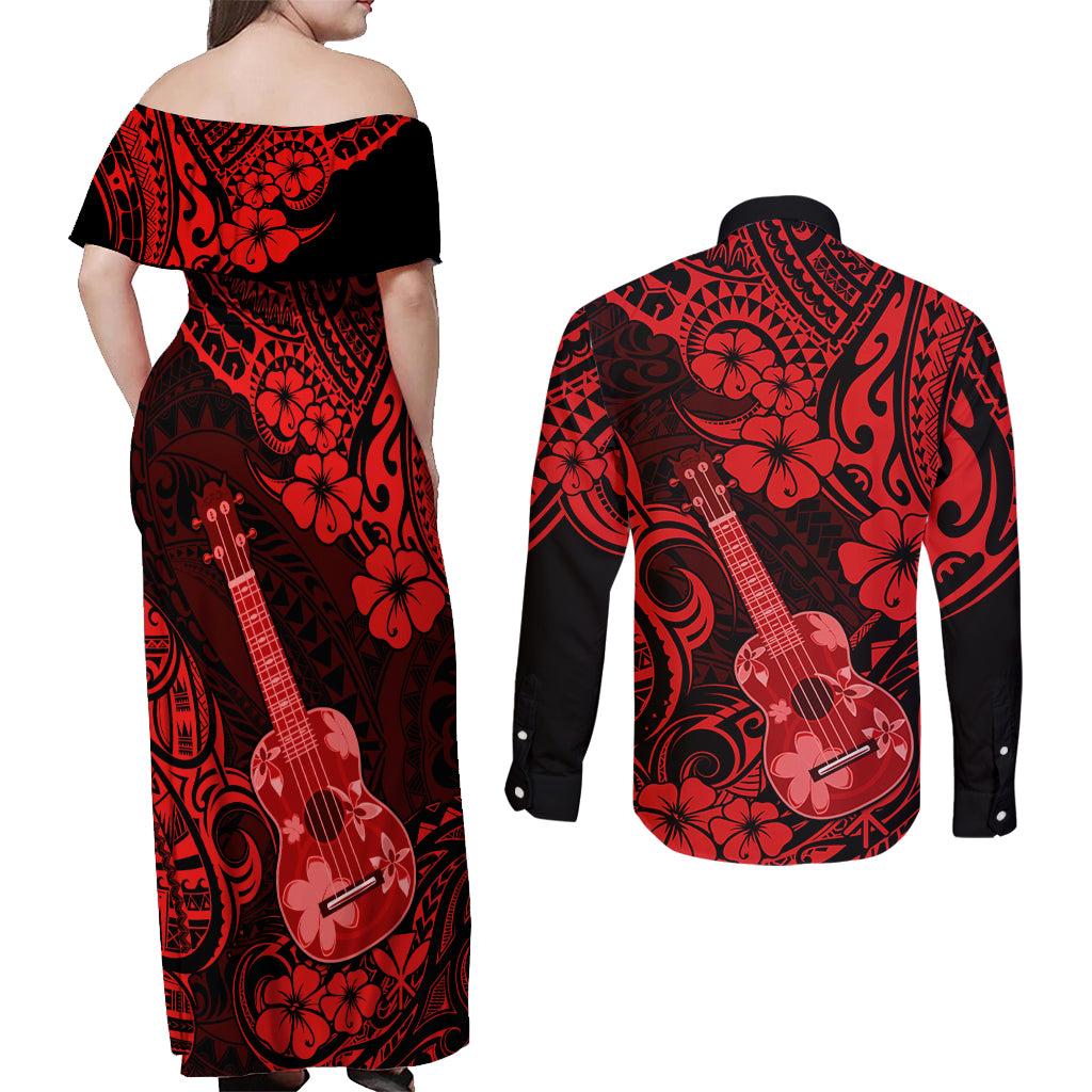 Hawaii Ukulele Couples Matching Off Shoulder Maxi Dress and Long Sleeve Button Shirts Polynesian Pattern Red Version LT01 - Polynesian Pride