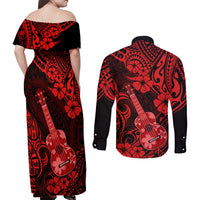 Hawaii Ukulele Couples Matching Off Shoulder Maxi Dress and Long Sleeve Button Shirts Polynesian Pattern Red Version LT01 - Polynesian Pride