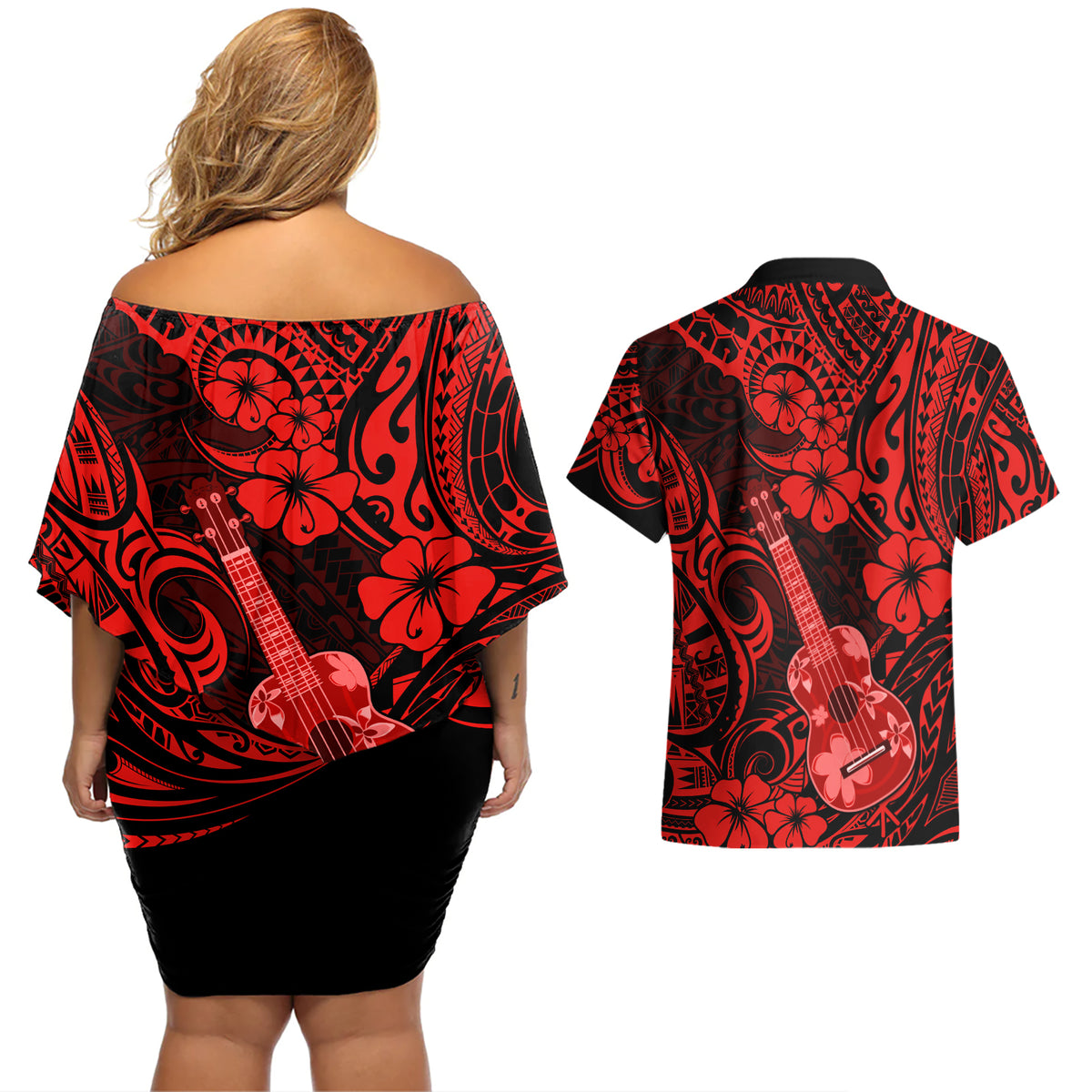 Hawaii Ukulele Couples Matching Off Shoulder Short Dress and Hawaiian Shirt Polynesian Pattern Red Version LT01 - Polynesian Pride