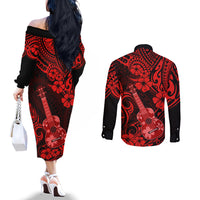 Hawaii Ukulele Couples Matching Off The Shoulder Long Sleeve Dress and Long Sleeve Button Shirts Polynesian Pattern Red Version LT01 - Polynesian Pride