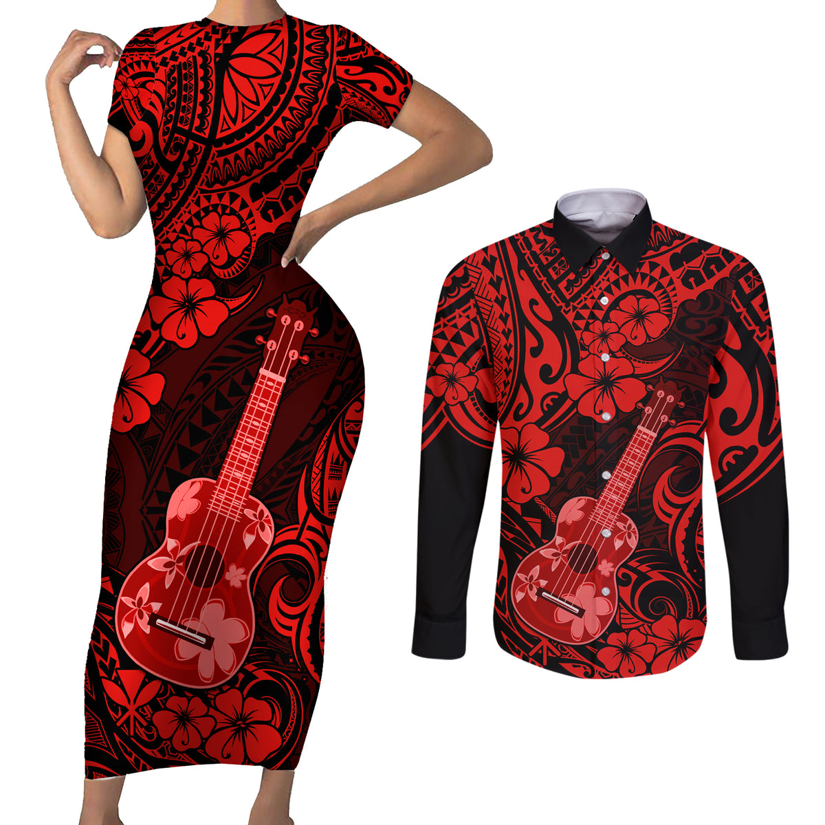 Hawaii Ukulele Couples Matching Short Sleeve Bodycon Dress and Long Sleeve Button Shirts Polynesian Pattern Red Version LT01 Red - Polynesian Pride