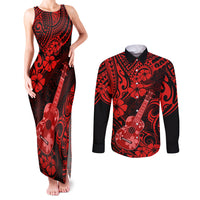 Hawaii Ukulele Couples Matching Tank Maxi Dress and Long Sleeve Button Shirts Polynesian Pattern Red Version LT01 Red - Polynesian Pride