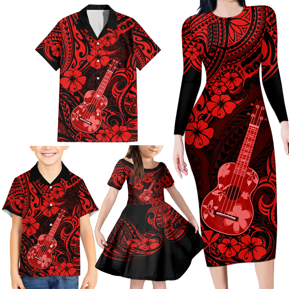 Hawaii Ukulele Family Matching Long Sleeve Bodycon Dress and Hawaiian Shirt Polynesian Pattern Red Version LT01 - Polynesian Pride