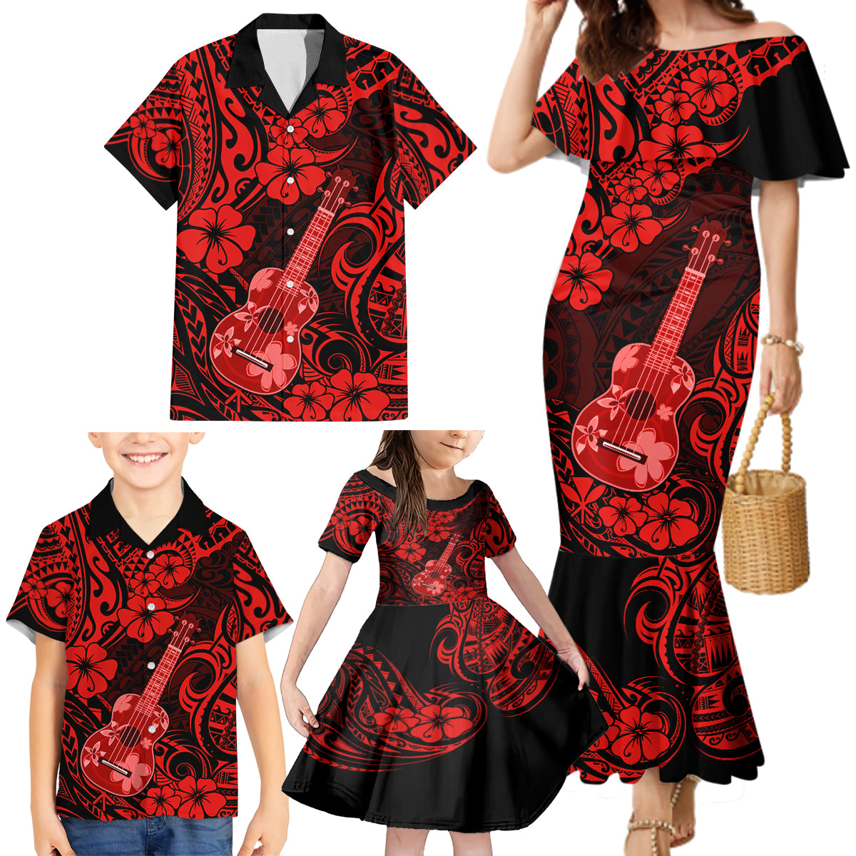 Hawaii Ukulele Family Matching Mermaid Dress and Hawaiian Shirt Polynesian Pattern Red Version LT01 - Polynesian Pride