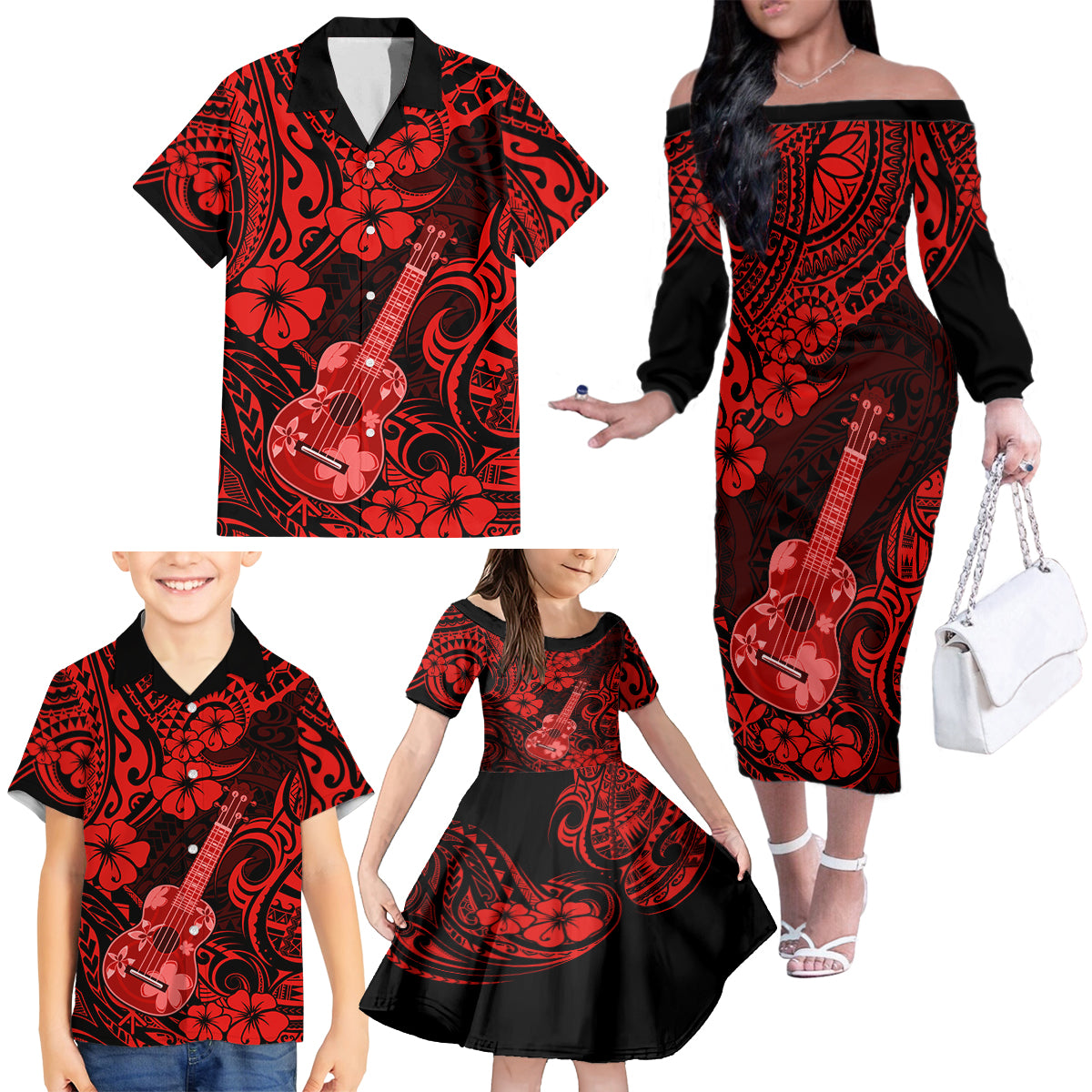 Hawaii Ukulele Family Matching Off Shoulder Long Sleeve Dress and Hawaiian Shirt Polynesian Pattern Red Version LT01 - Polynesian Pride