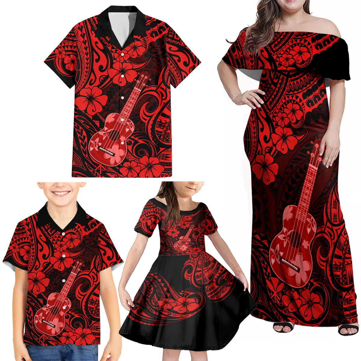 Hawaii Ukulele Family Matching Off Shoulder Maxi Dress and Hawaiian Shirt Polynesian Pattern Red Version LT01 - Polynesian Pride