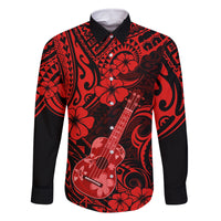 Hawaii Ukulele Family Matching Off Shoulder Short Dress and Hawaiian Shirt Polynesian Pattern Red Version LT01 Dad's Shirt - Long Sleeve Red - Polynesian Pride
