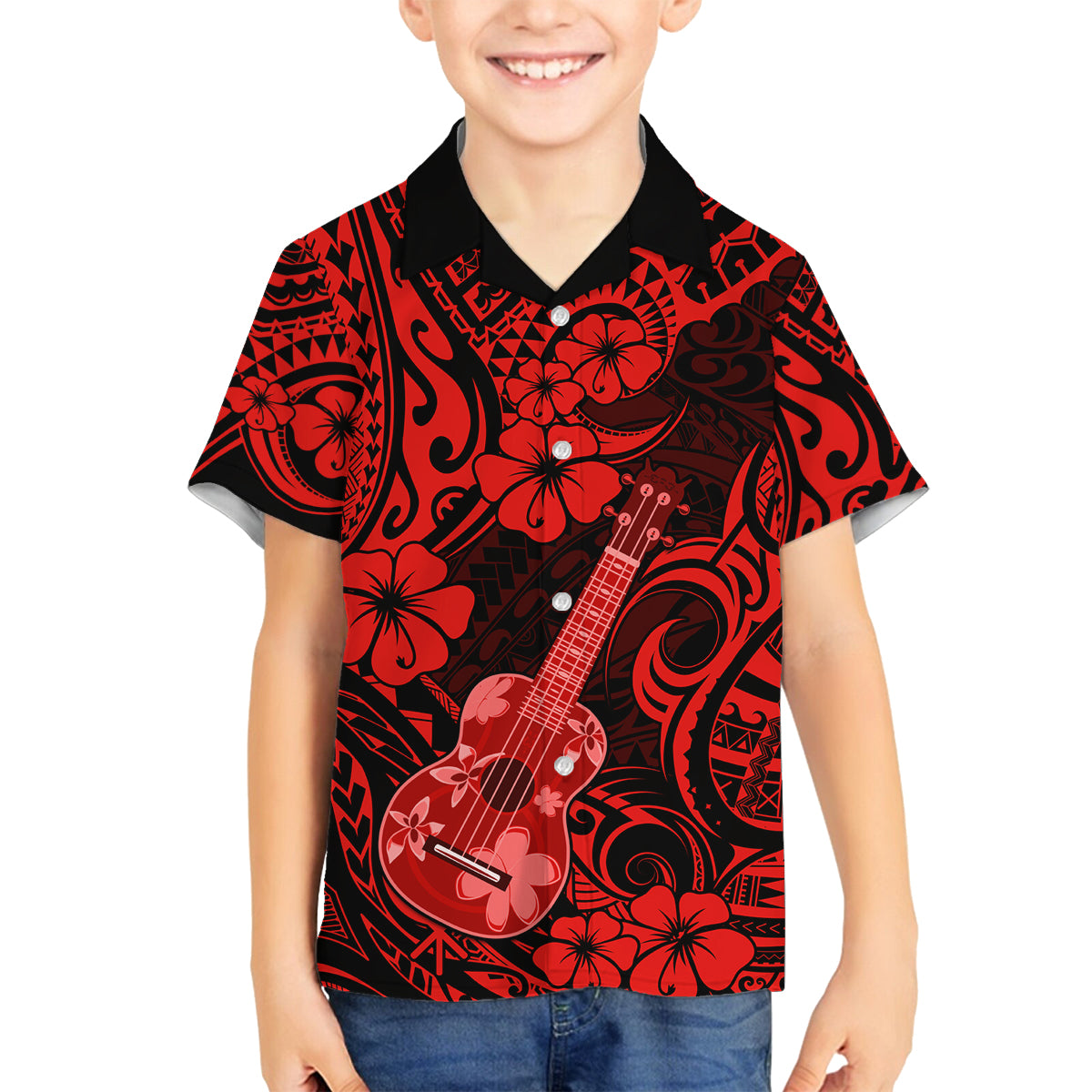 Hawaii Ukulele Family Matching Off Shoulder Short Dress and Hawaiian Shirt Polynesian Pattern Red Version LT01 Son's Shirt Red - Polynesian Pride