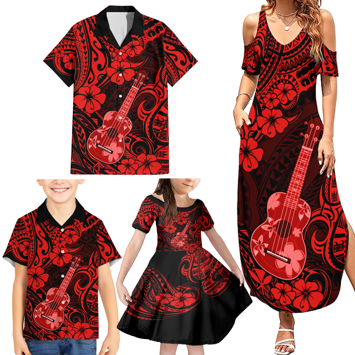 Hawaii Ukulele Family Matching Summer Maxi Dress and Hawaiian Shirt Polynesian Pattern Red Version LT01 - Polynesian Pride