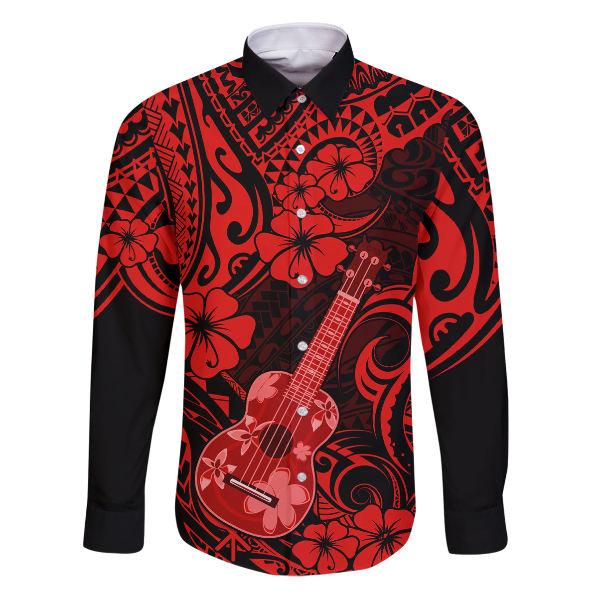 Hawaii Ukulele Family Matching Summer Maxi Dress and Hawaiian Shirt Polynesian Pattern Red Version LT01 Dad's Shirt - Long Sleeve Red - Polynesian Pride