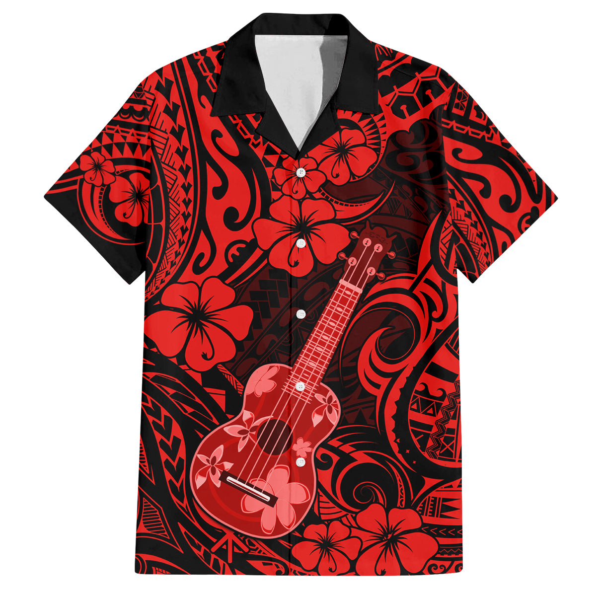 Hawaii Ukulele Family Matching Tank Maxi Dress and Hawaiian Shirt Polynesian Pattern Red Version LT01 Dad's Shirt - Short Sleeve Red - Polynesian Pride