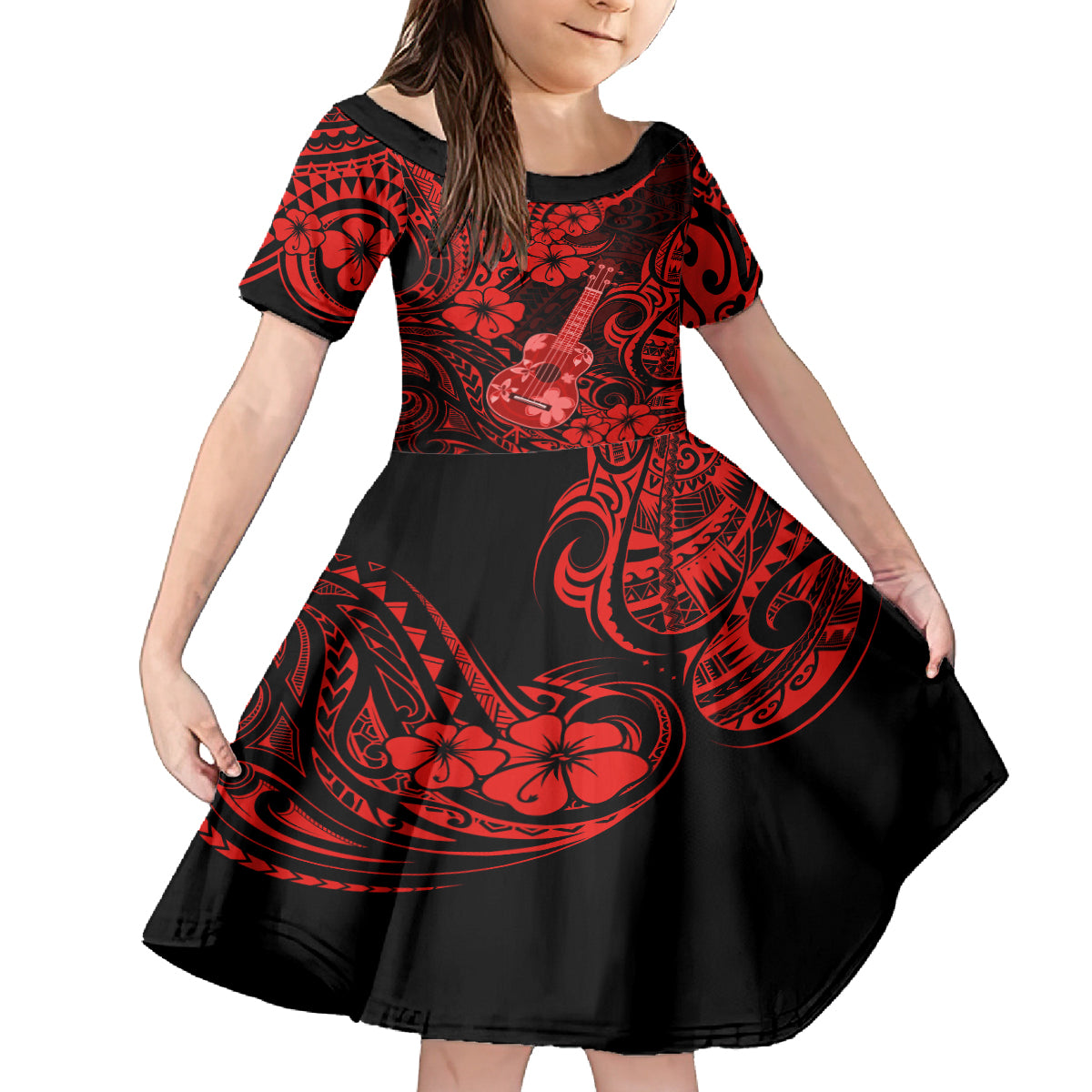 Hawaii Ukulele Kid Short Sleeve Dress Polynesian Pattern Red Version LT01 KID Red - Polynesian Pride