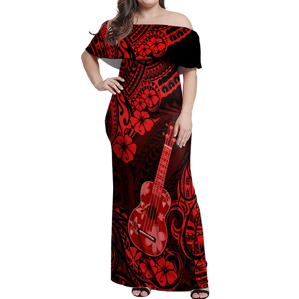 Hawaii Ukulele Off Shoulder Maxi Dress Polynesian Pattern Red Version LT01 Women Red - Polynesian Pride