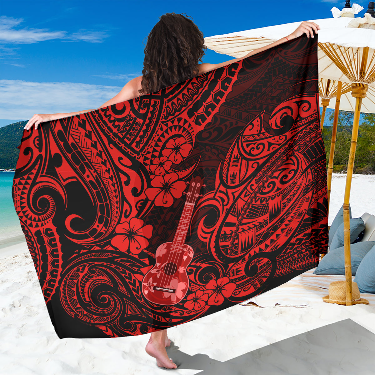 Hawaii Ukulele Sarong Polynesian Pattern Red Version LT01 One Size 44 x 66 inches Red - Polynesian Pride