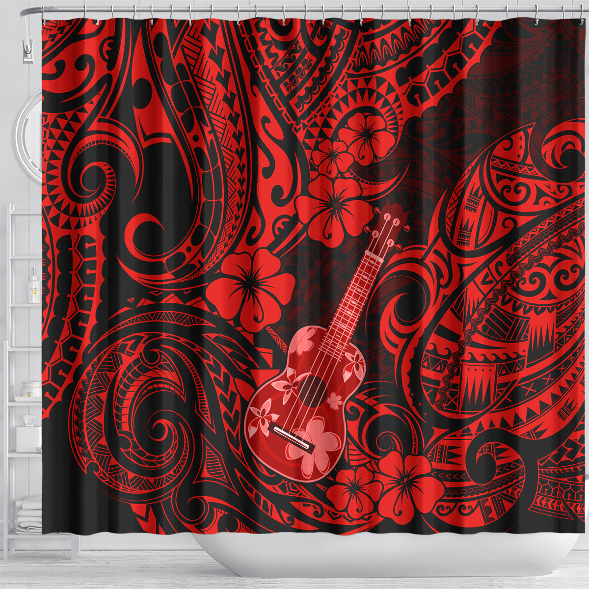 Hawaii Ukulele Shower Curtain Polynesian Pattern Red Version LT01 - Polynesian Pride