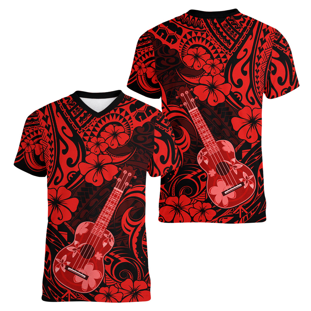 Hawaii Ukulele Women V Neck T Shirt Polynesian Pattern Red Version LT01 - Polynesian Pride