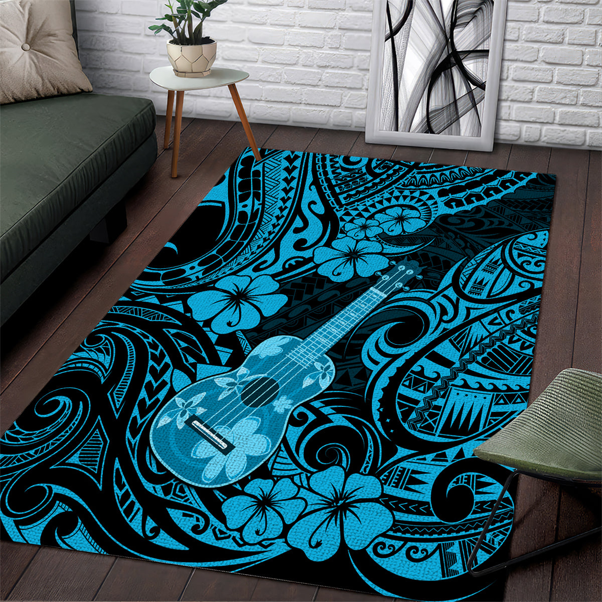 Hawaii Ukulele Area Rug Polynesian Pattern Sky Blue Version LT01 Blue - Polynesian Pride