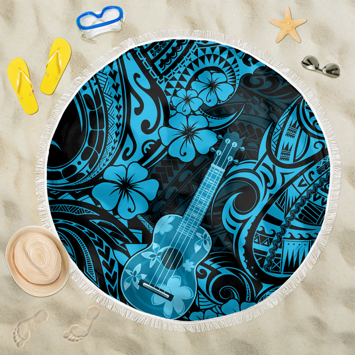 Hawaii Ukulele Beach Blanket Polynesian Pattern Sky Blue Version LT01 One Size 150cm Blue - Wonder Print Shop