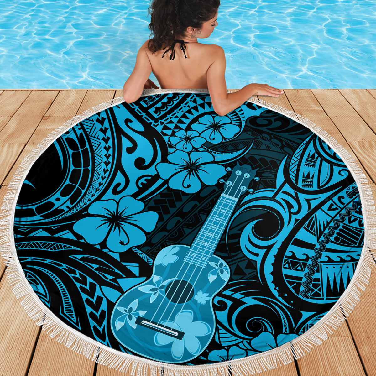 Hawaii Ukulele Beach Blanket Polynesian Pattern Sky Blue Version LT01 - Wonder Print Shop