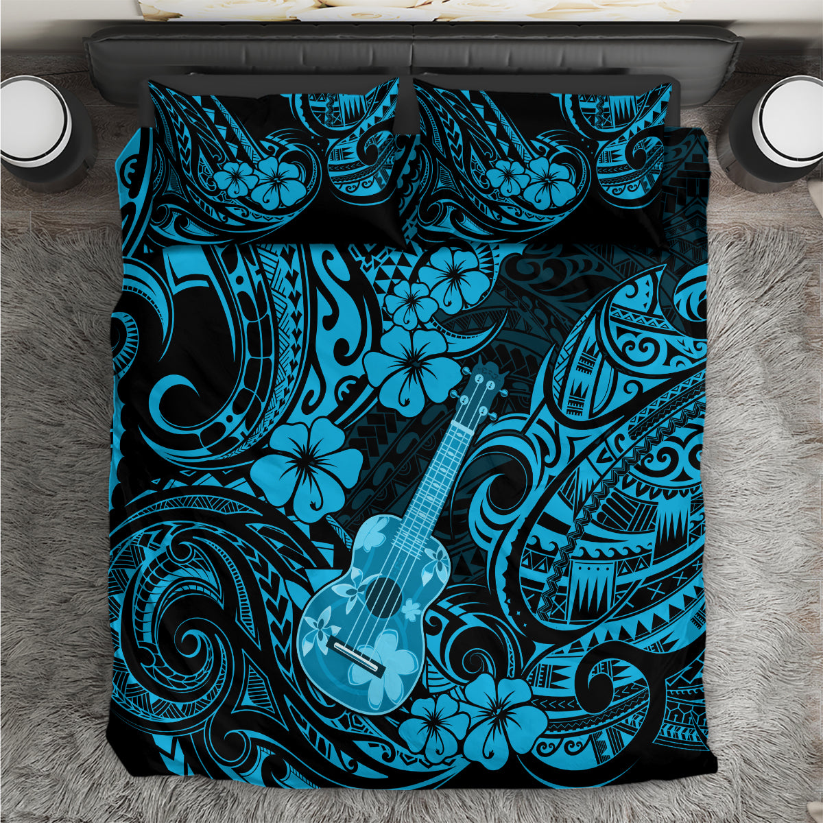 Hawaii Ukulele Bedding Set Polynesian Pattern Sky Blue Version LT01 Blue - Polynesian Pride