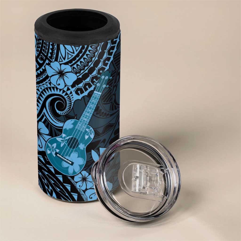 Hawaii Ukulele 4 in 1 Can Cooler Tumbler Polynesian Pattern Sky Blue Version