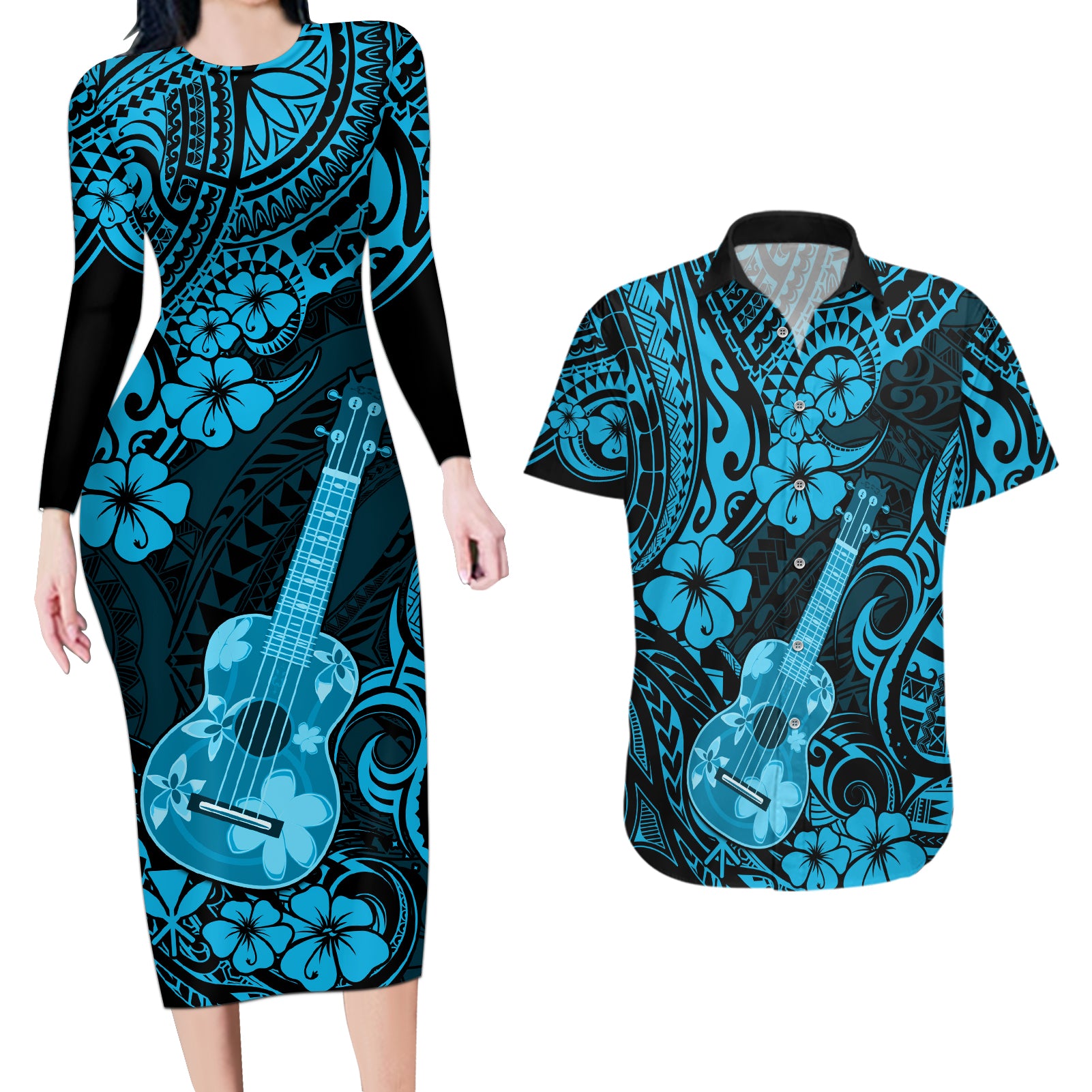 Hawaii Ukulele Couples Matching Long Sleeve Bodycon Dress and Hawaiian Shirt Polynesian Pattern Sky Blue Version LT01 Blue - Polynesian Pride