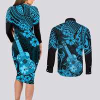 Hawaii Ukulele Couples Matching Long Sleeve Bodycon Dress and Long Sleeve Button Shirts Polynesian Pattern Sky Blue Version LT01 - Polynesian Pride