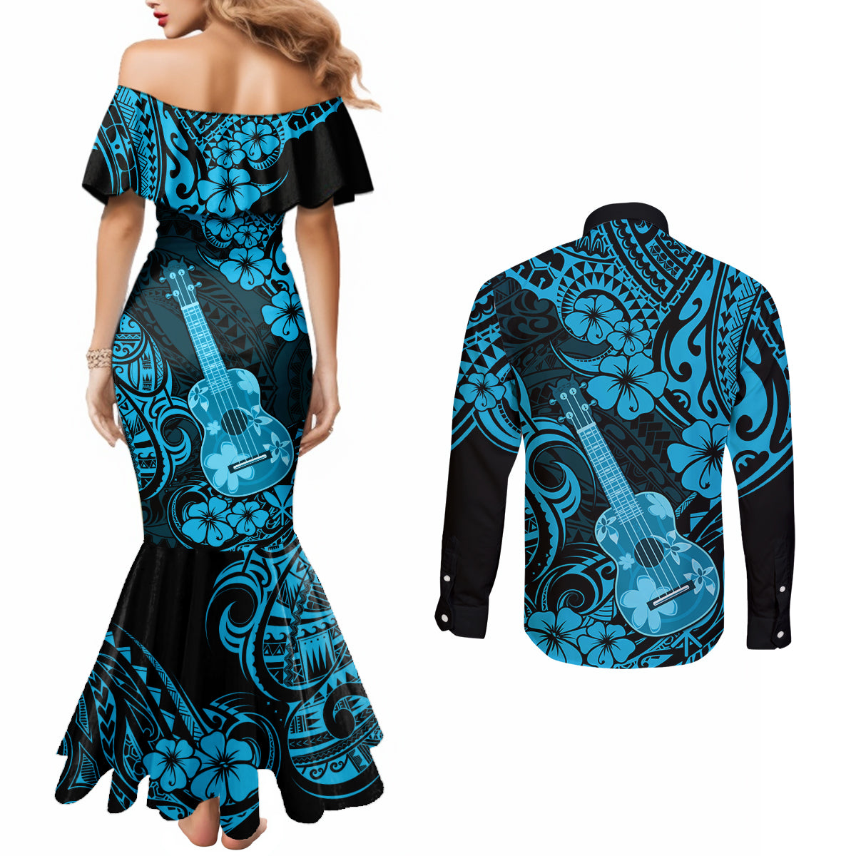 Hawaii Ukulele Couples Matching Mermaid Dress and Long Sleeve Button Shirts Polynesian Pattern Sky Blue Version LT01 - Polynesian Pride