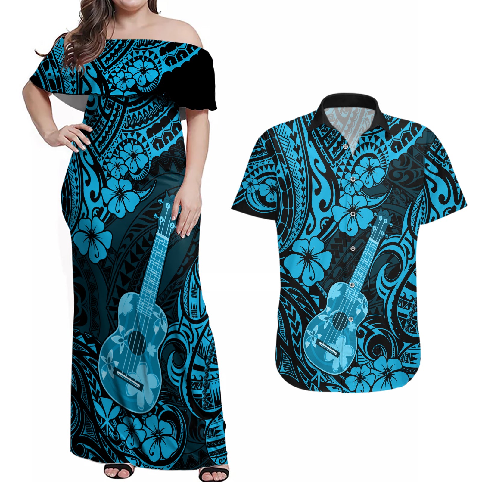 Hawaii Ukulele Couples Matching Off Shoulder Maxi Dress and Hawaiian Shirt Polynesian Pattern Sky Blue Version LT01 Blue - Polynesian Pride