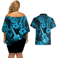 Hawaii Ukulele Couples Matching Off Shoulder Short Dress and Hawaiian Shirt Polynesian Pattern Sky Blue Version LT01 - Polynesian Pride