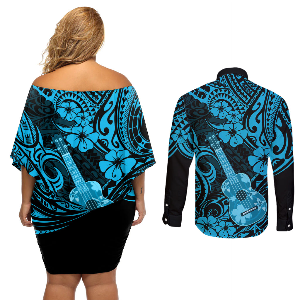 Hawaii Ukulele Couples Matching Off Shoulder Short Dress and Long Sleeve Button Shirts Polynesian Pattern Sky Blue Version LT01 - Polynesian Pride