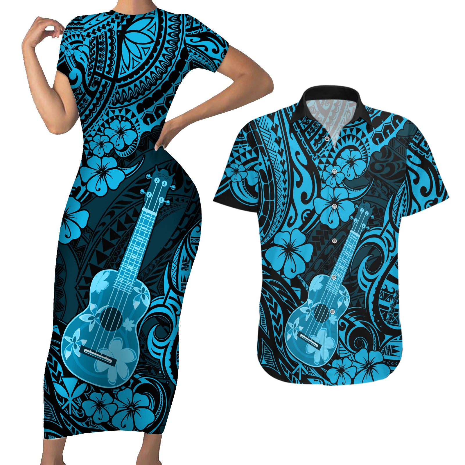 Hawaii Ukulele Couples Matching Short Sleeve Bodycon Dress and Hawaiian Shirt Polynesian Pattern Sky Blue Version LT01 Blue - Polynesian Pride