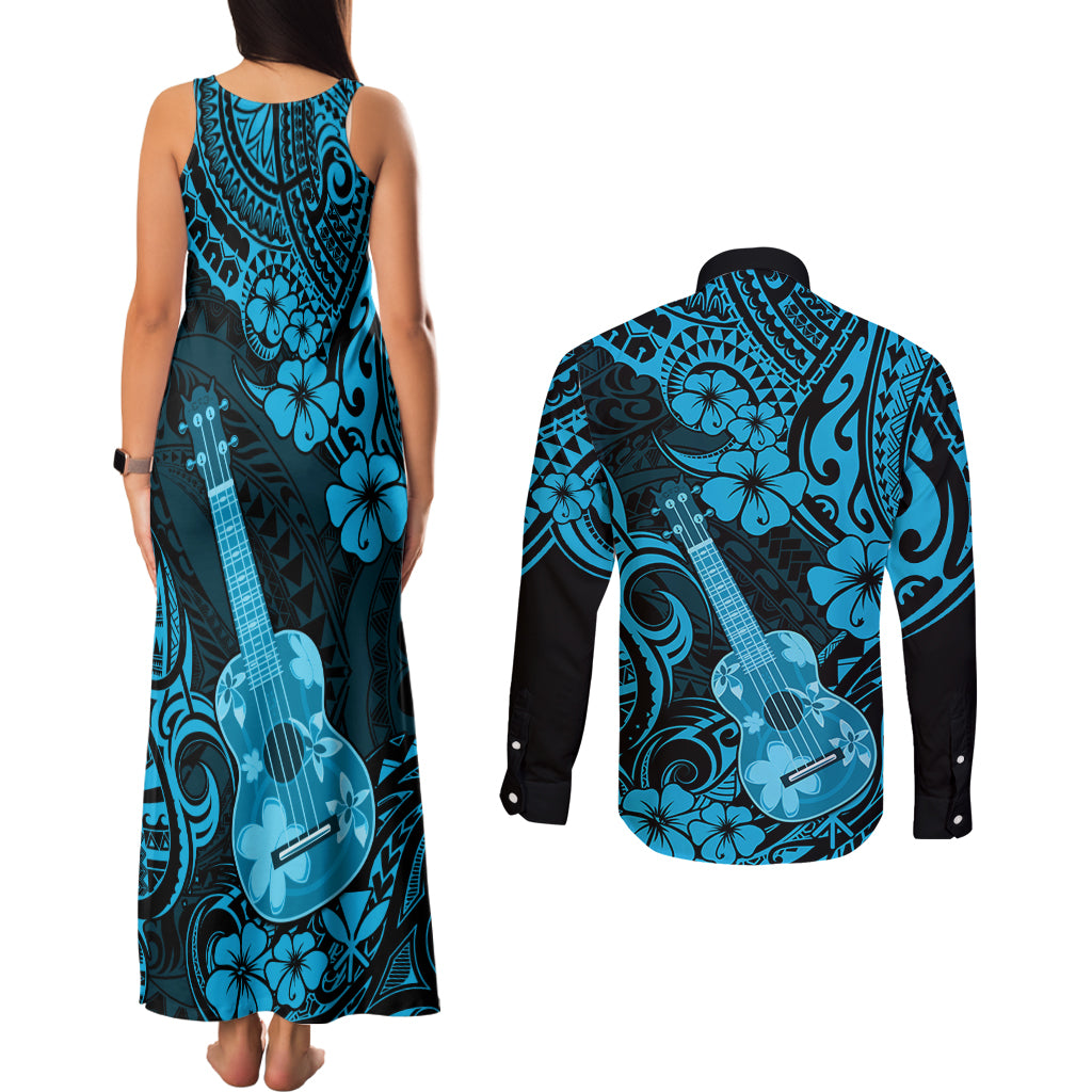 Hawaii Ukulele Couples Matching Tank Maxi Dress and Long Sleeve Button Shirts Polynesian Pattern Sky Blue Version LT01 - Polynesian Pride