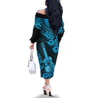 Hawaii Ukulele Family Matching Off Shoulder Long Sleeve Dress and Hawaiian Shirt Polynesian Pattern Sky Blue Version LT01 - Polynesian Pride