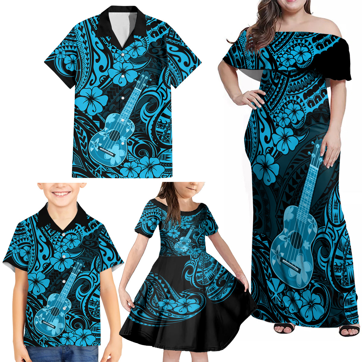 Hawaii Ukulele Family Matching Off Shoulder Maxi Dress and Hawaiian Shirt Polynesian Pattern Sky Blue Version LT01 - Polynesian Pride