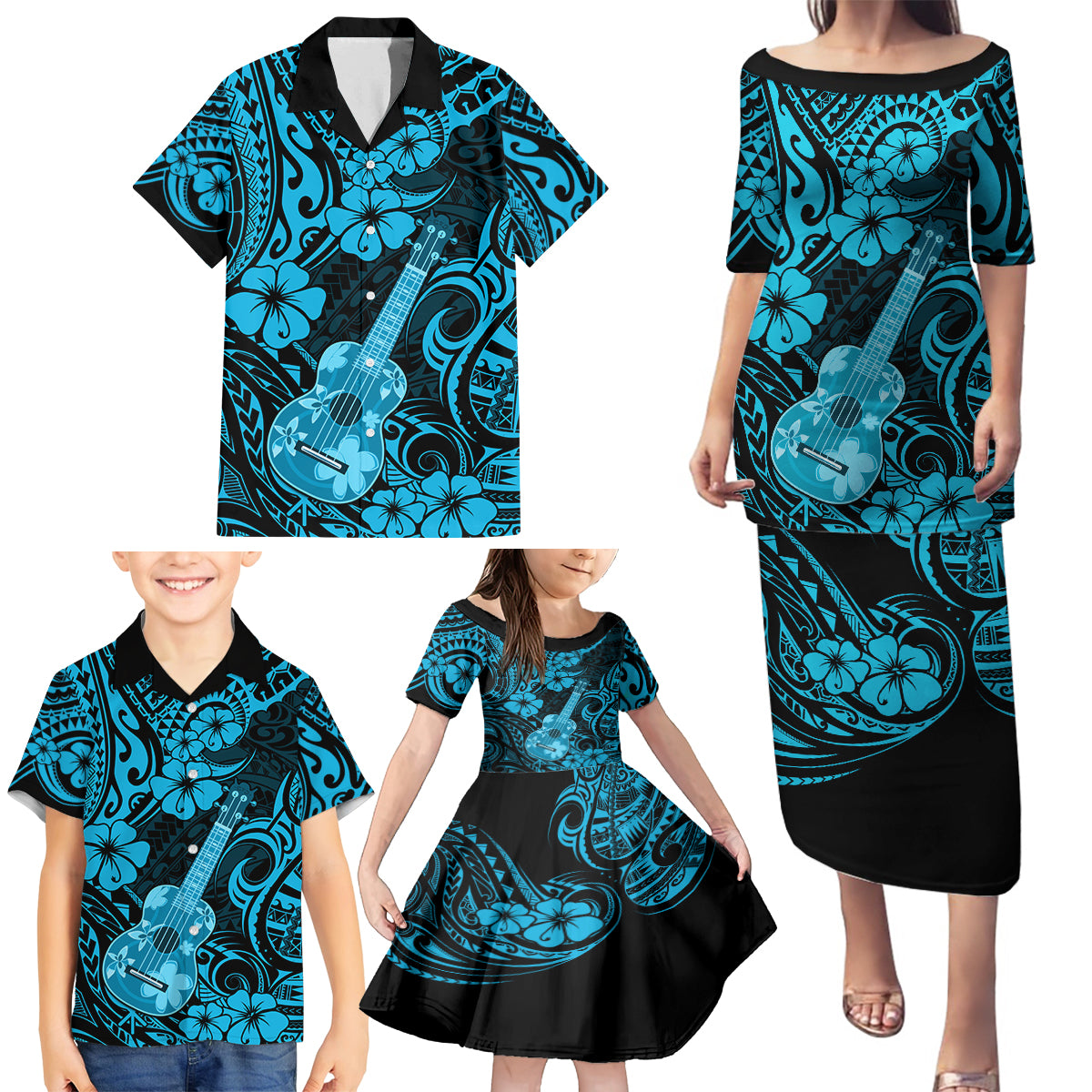 Hawaii Ukulele Family Matching Puletasi Dress and Hawaiian Shirt Polynesian Pattern Sky Blue Version LT01 - Polynesian Pride