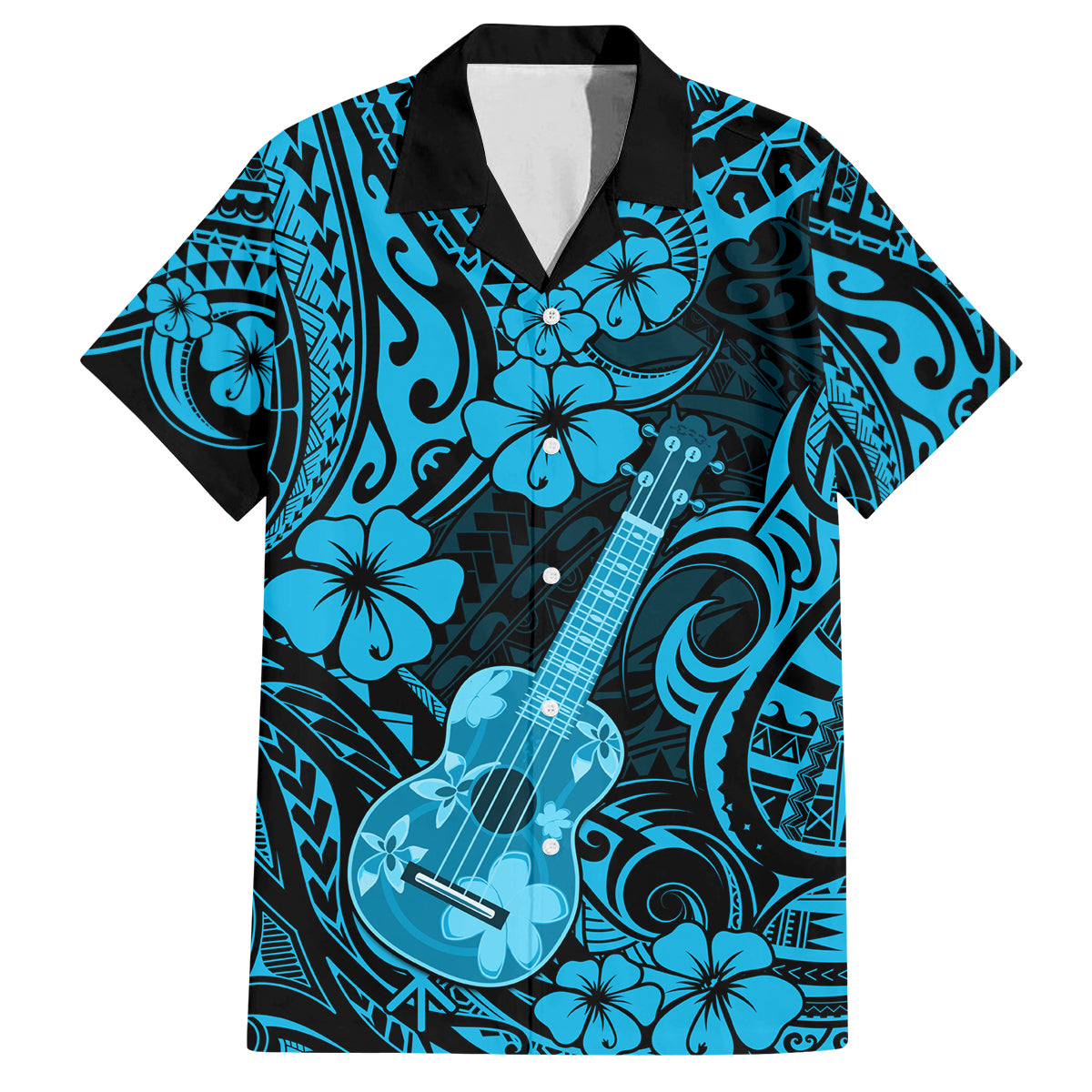 Hawaii Ukulele Family Matching Puletasi Dress and Hawaiian Shirt Polynesian Pattern Sky Blue Version LT01 Dad's Shirt - Short Sleeve Blue - Polynesian Pride