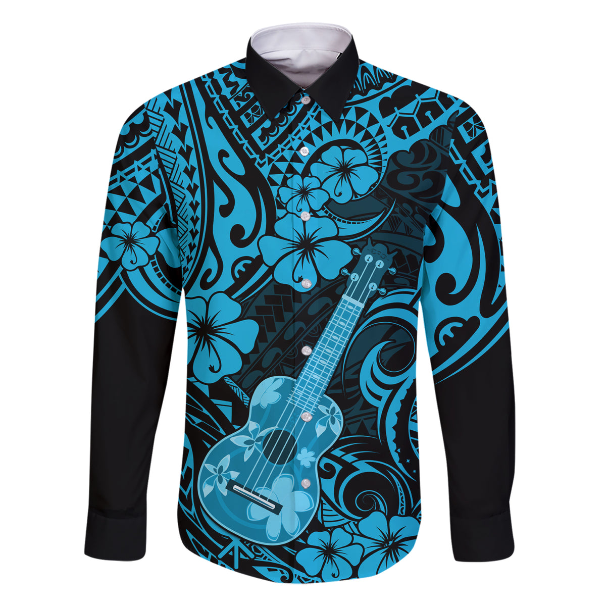 Hawaii Ukulele Family Matching Short Sleeve Bodycon Dress and Hawaiian Shirt Polynesian Pattern Sky Blue Version LT01 Dad's Shirt - Long Sleeve Blue - Polynesian Pride