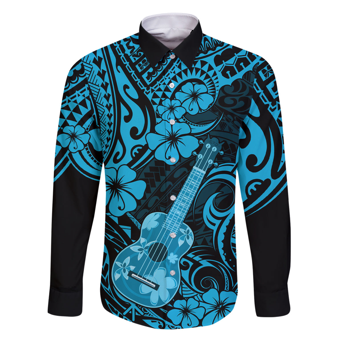 Hawaii Ukulele Family Matching Summer Maxi Dress and Hawaiian Shirt Polynesian Pattern Sky Blue Version LT01 Dad's Shirt - Long Sleeve Blue - Polynesian Pride