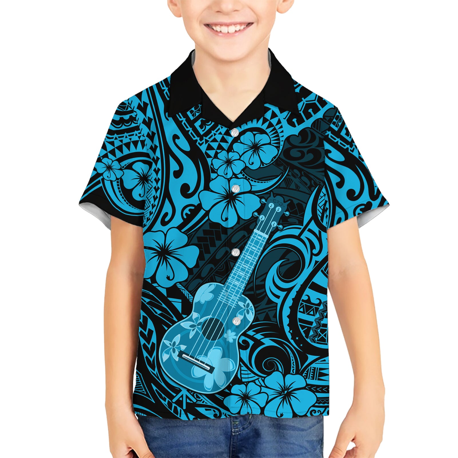 Hawaii Ukulele Kid Hawaiian Shirt Polynesian Pattern Sky Blue Version LT01 Kid Blue - Polynesian Pride