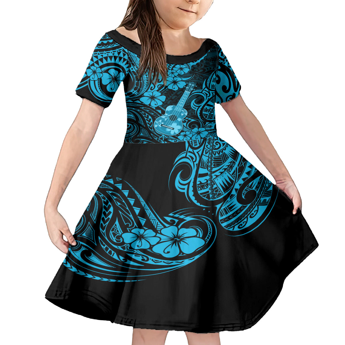 Hawaii Ukulele Kid Short Sleeve Dress Polynesian Pattern Sky Blue Version LT01 KID Blue - Polynesian Pride