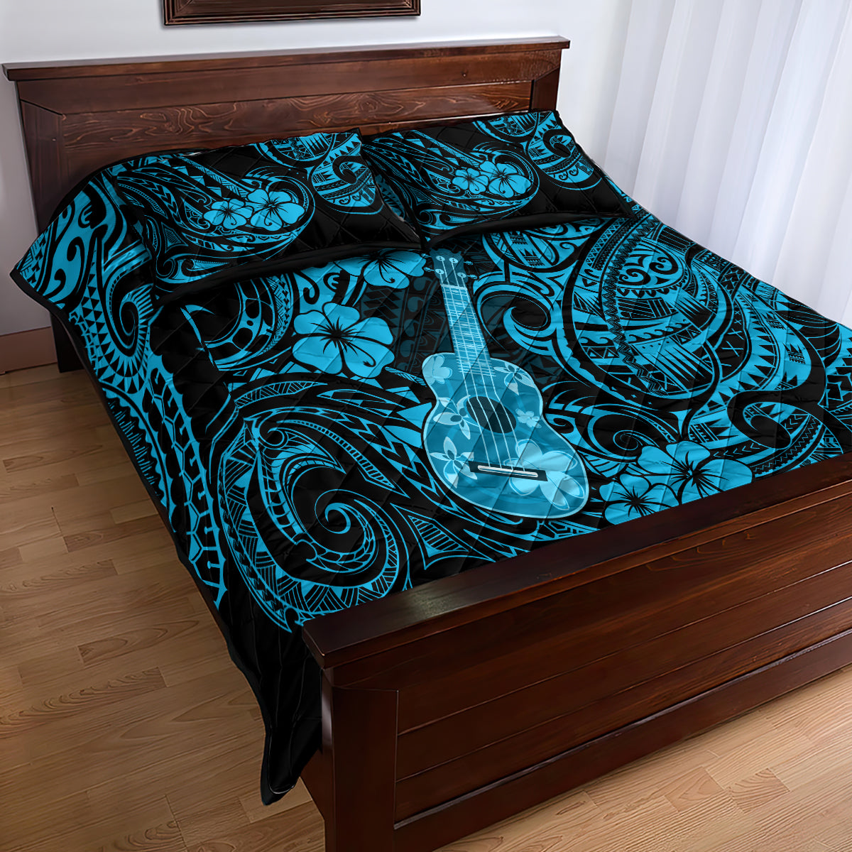Hawaii Ukulele Quilt Bed Set Polynesian Pattern Sky Blue Version LT01 - Polynesian Pride