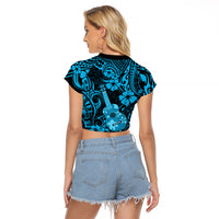 Hawaii Ukulele Raglan Cropped T Shirt Polynesian Pattern Sky Blue Version LT01 - Polynesian Pride