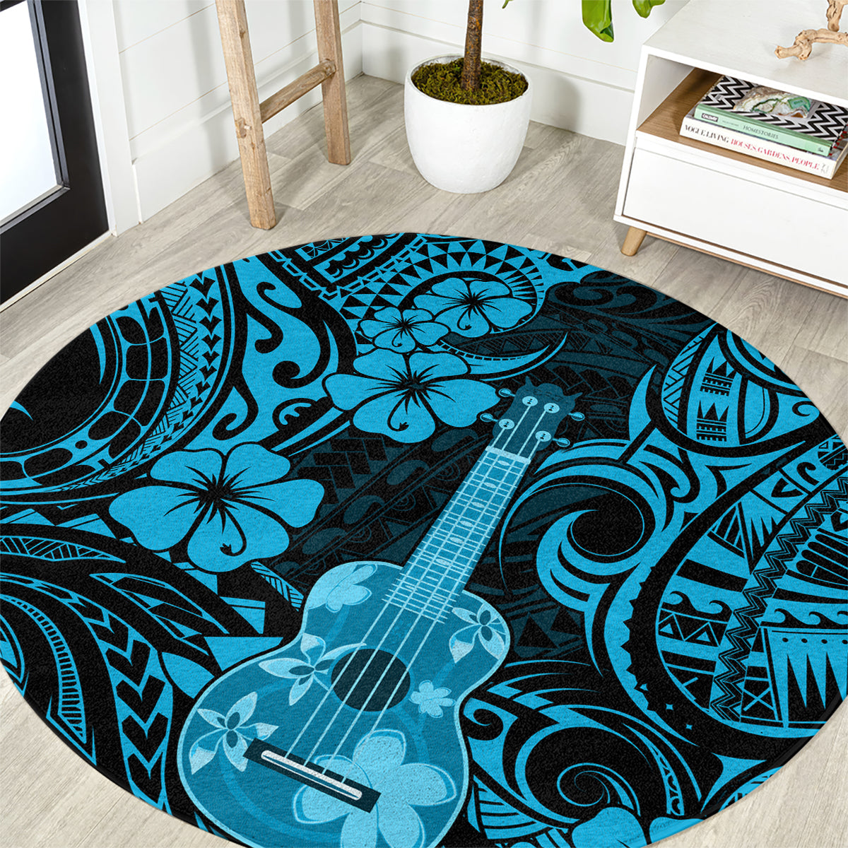 Hawaii Ukulele Round Carpet Polynesian Pattern Sky Blue Version LT01 Blue - Polynesian Pride