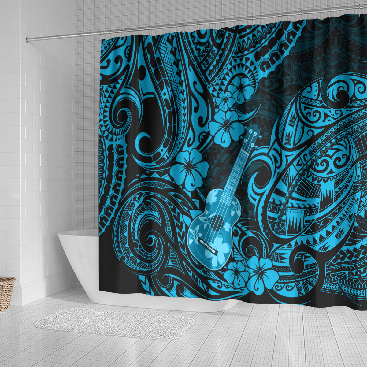 Hawaii Ukulele Shower Curtain Polynesian Pattern Sky Blue Version LT01 - Polynesian Pride