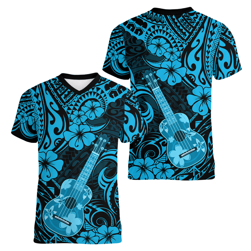 Hawaii Ukulele Women V Neck T Shirt Polynesian Pattern Sky Blue Version LT01 - Polynesian Pride