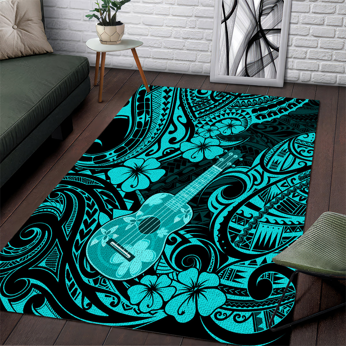 Hawaii Ukulele Area Rug Polynesian Pattern Turquoise Version LT01 Turquoise - Polynesian Pride