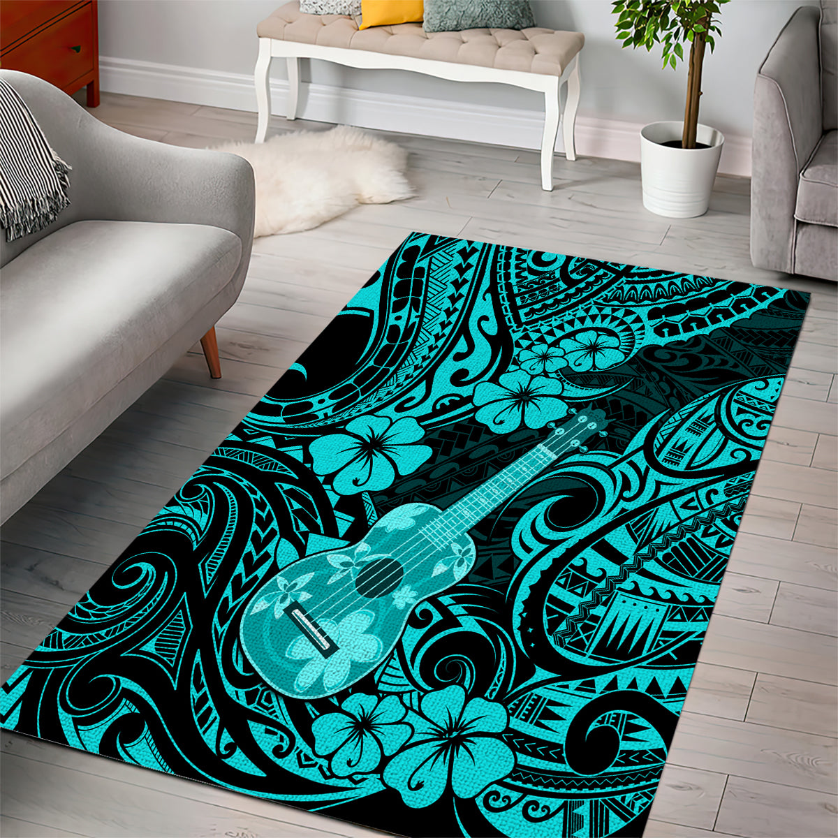 Hawaii Ukulele Area Rug Polynesian Pattern Turquoise Version LT01 - Polynesian Pride