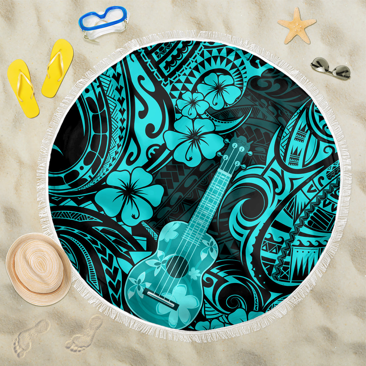 Hawaii Ukulele Beach Blanket Polynesian Pattern Turquoise Version LT01 One Size 150cm Turquoise - Wonder Print Shop