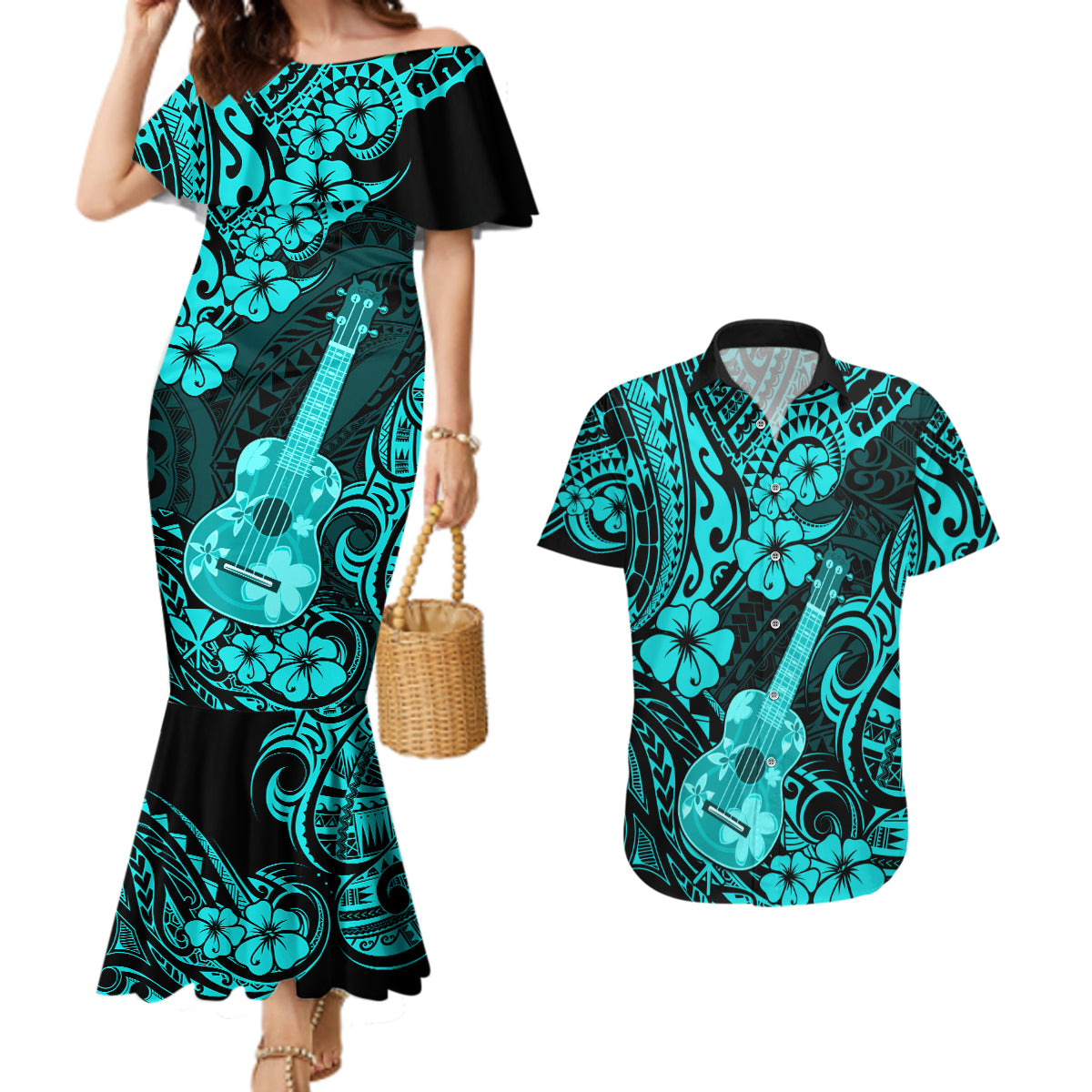 Hawaii Ukulele Couples Matching Mermaid Dress and Hawaiian Shirt Polynesian Pattern Turquoise Version LT01 Turquoise - Polynesian Pride